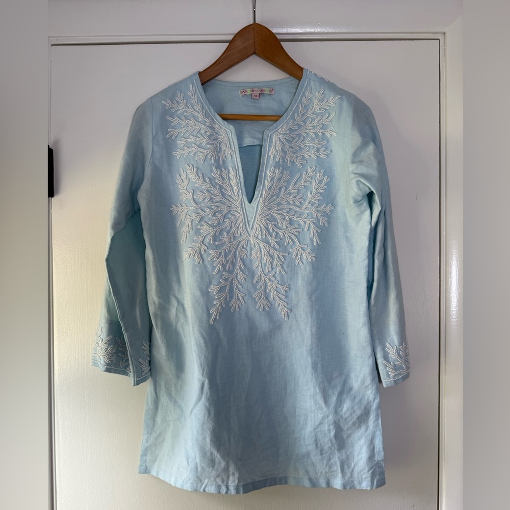 Barbara Gerwit 100% Linen Bead Embroidered Tunic Top Preppy Modern Boho Chic